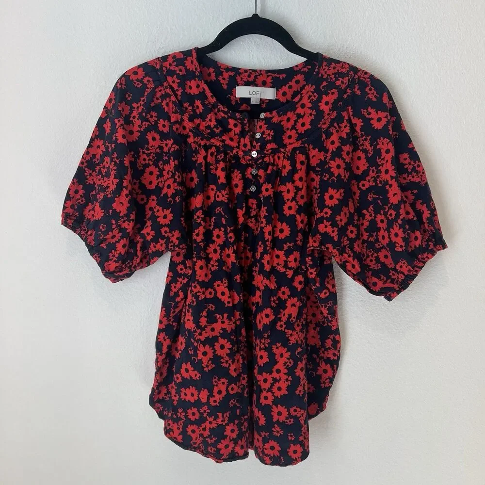 Loft Women’s Round Yoke Floral Puff Sleeve Blouse Top Medium Career Casual Cute